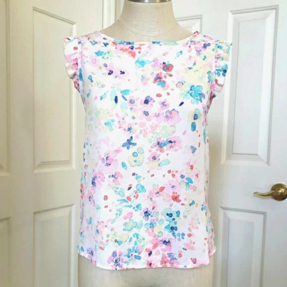 LC LAUREN CONRAD Sleeveless Blouse Watercolor Floral Ruffle Shoulders • MEDIUM - Picture 3 of 16